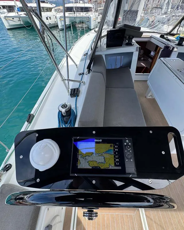 Cockpit of Aventura, a Dufour 41 sailboat at Grad Trogir, Croatia