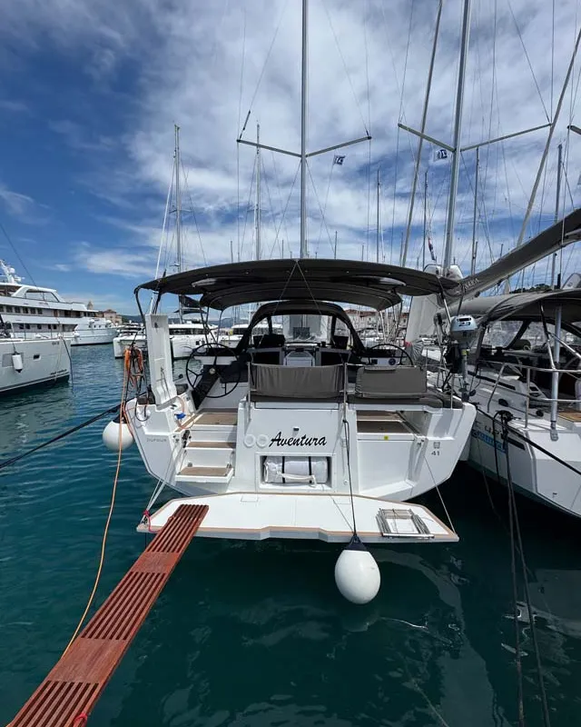 Cockpit of Aventura, a Dufour 41 sailboat at Grad Trogir, Croatia