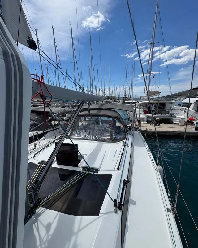 Deck of Aventura, a Dufour 41 sailboat at Grad Trogir, Croatia