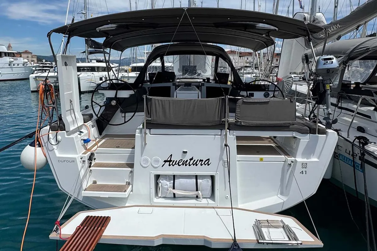 Cockpit of Aventura, a Dufour 41 sailboat at Grad Trogir, Croatia