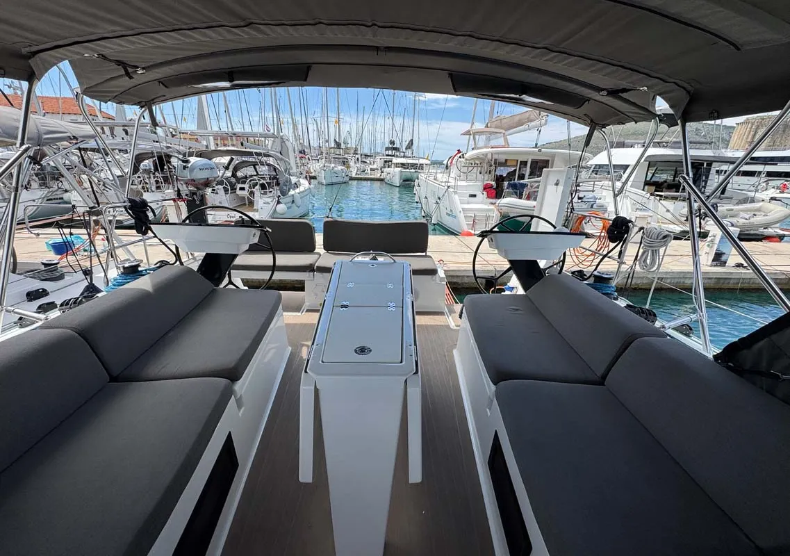 Cockpit of Aventura, a Dufour 41 sailboat at Grad Trogir, Croatia