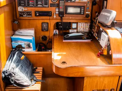 Cockpit of Sophia, a Jeanneau Sun Odyssey 33 sailboat at Volos Municipality, Greece