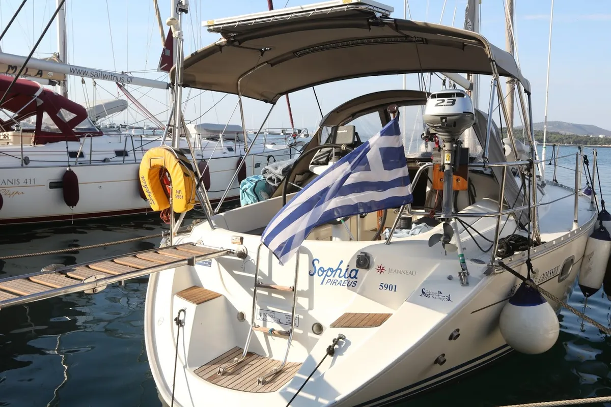 Exterior view of Sophia, a Jeanneau Sun Odyssey 33 sailboat at Volos Municipality, Greece