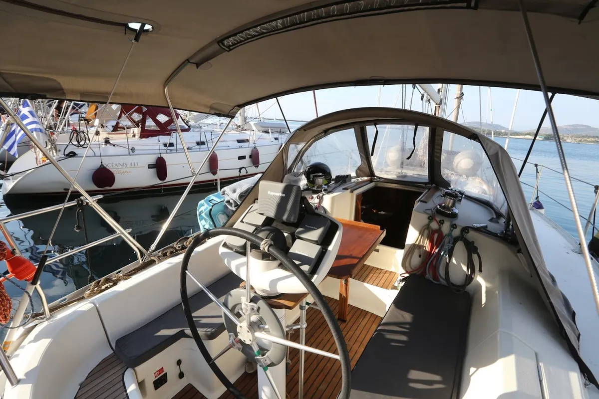 Cockpit of Sophia, a Jeanneau Sun Odyssey 33 sailboat at Volos Municipality, Greece