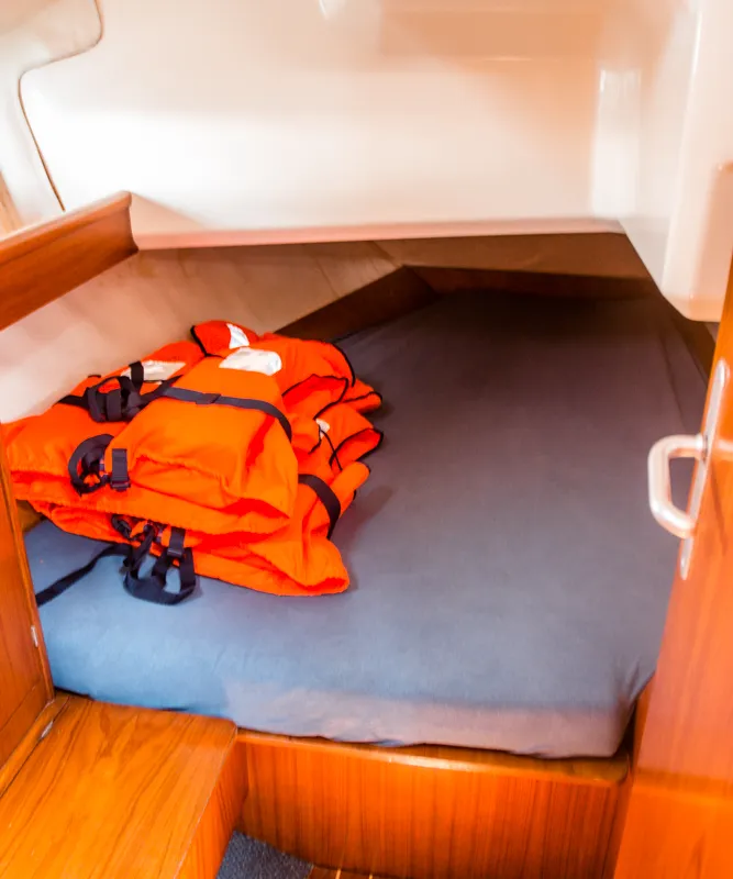 Cabin on Sophia, a Jeanneau Sun Odyssey 33 sailboat at Volos Municipality, Greece