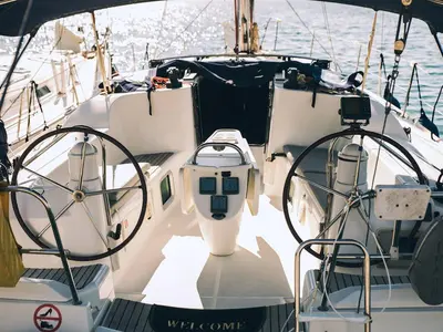 Cockpit of Mila, a Jeanneau Sun Odyssey 42 i sailboat at Volos, Greece