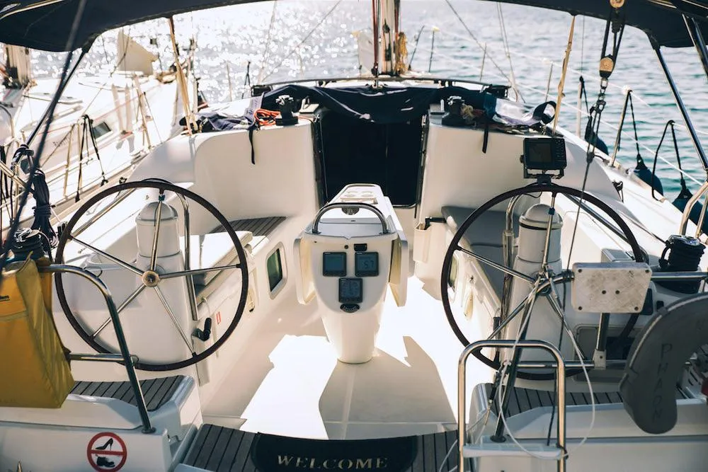 Cockpit of Mila, a Jeanneau Sun Odyssey 42 i sailboat at Volos, Greece