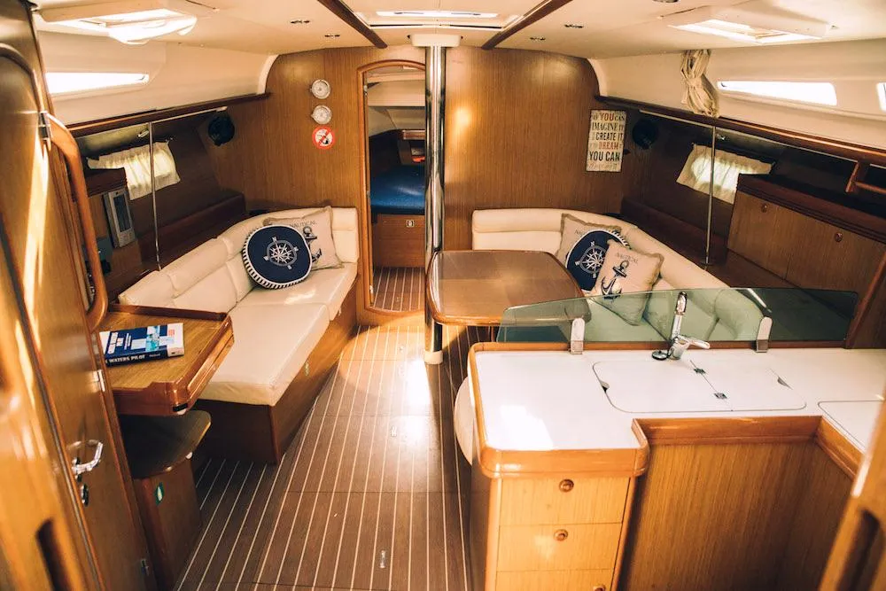 Salon of Mila, a Jeanneau Sun Odyssey 42 i sailboat at Volos, Greece