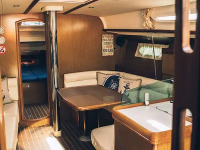 Salon of Mila, a Jeanneau Sun Odyssey 42 i sailboat at Volos, Greece