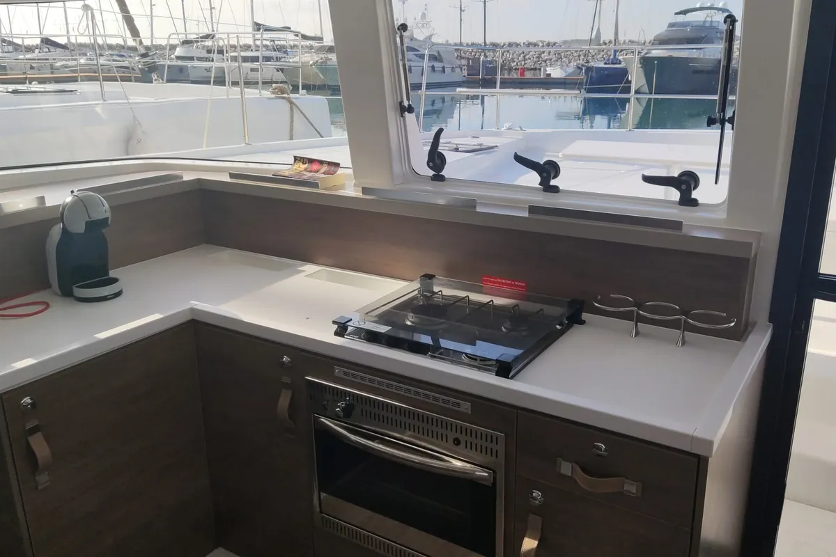 Galley of Blitz, a Bali 4.2 catamaran at Tonnarella, Italy
