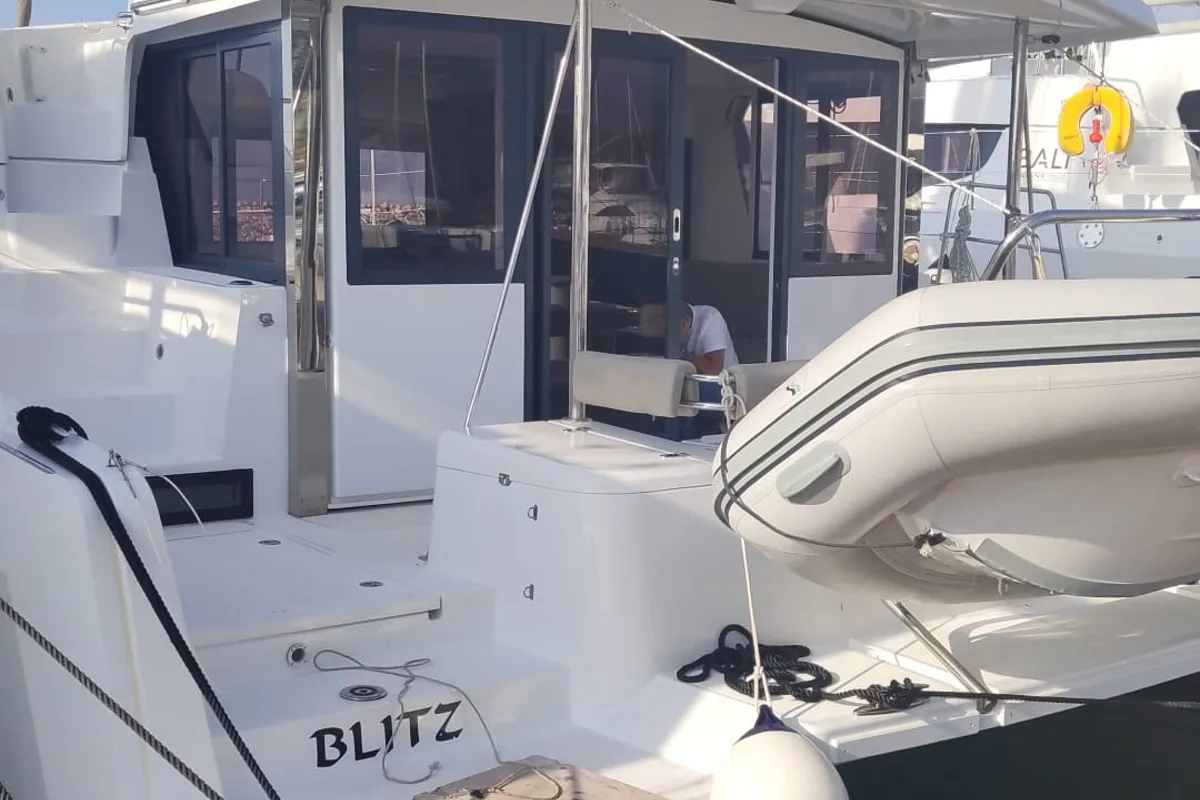 Exterior view of Blitz, a Bali 4.2 catamaran at Tonnarella, Italy