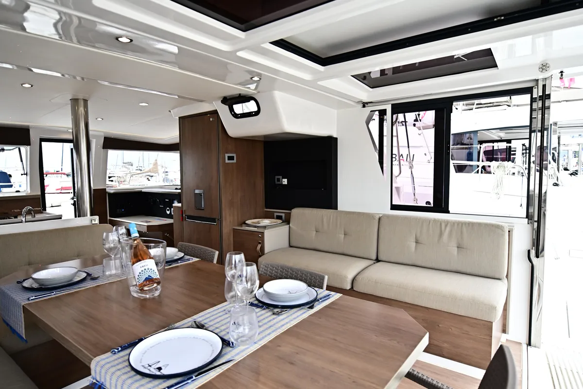 Salon of Blitz, a Bali 4.2 catamaran at Tonnarella, Italy