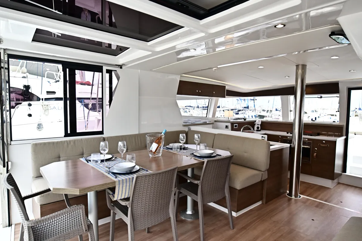 Salon of Blitz, a Bali 4.2 catamaran at Tonnarella, Italy