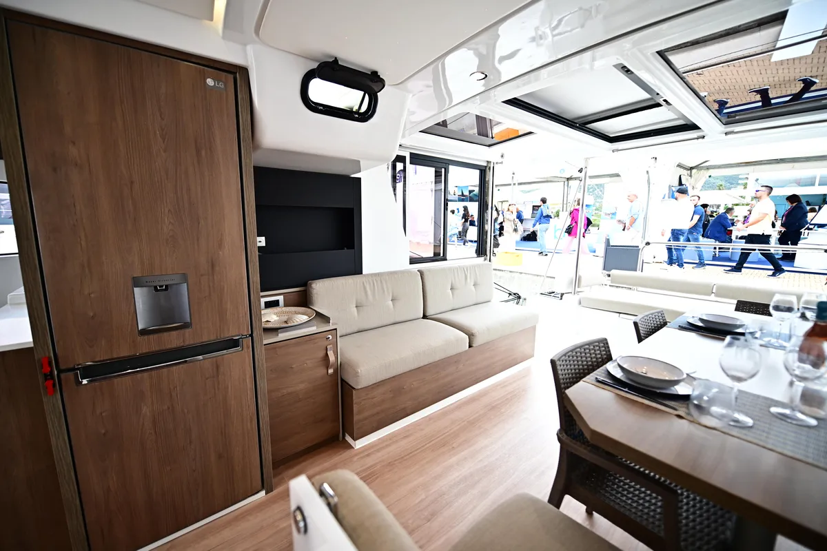 Salon of Blitz, a Bali 4.2 catamaran at Tonnarella, Italy