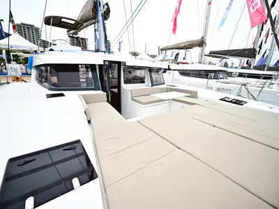 Deck of Blitz, a Bali 4.2 catamaran at Tonnarella, Italy