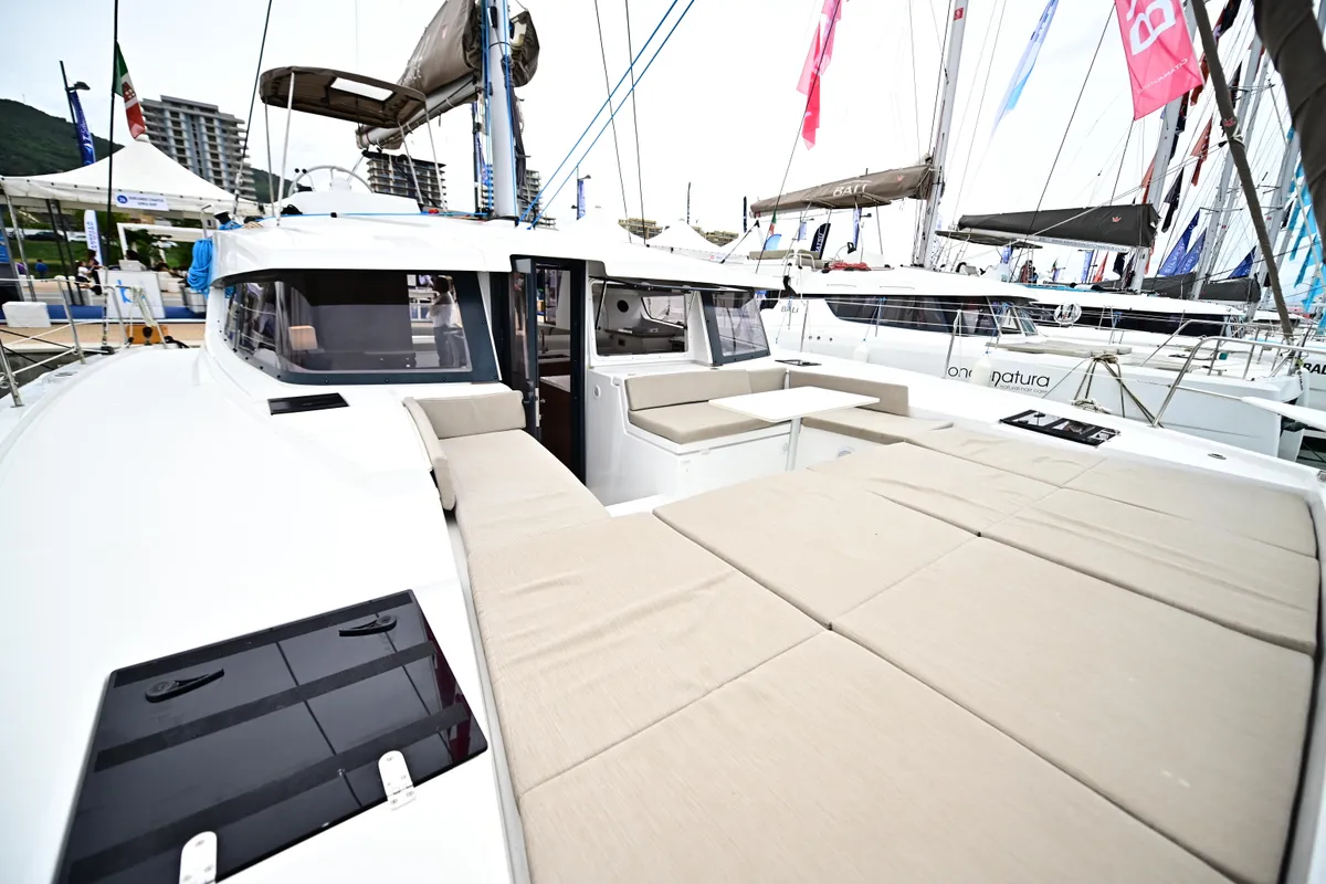Deck of Blitz, a Bali 4.2 catamaran at Tonnarella, Italy