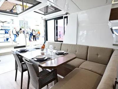 Salon of Blitz, a Bali 4.2 catamaran at Tonnarella, Italy