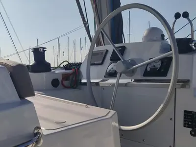 Cockpit of Blitz, a Bali 4.2 catamaran at Tonnarella, Italy