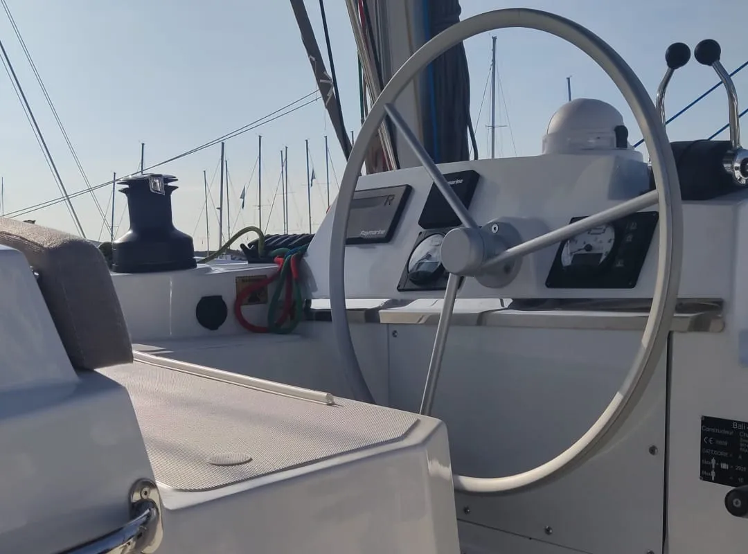 Cockpit of Blitz, a Bali 4.2 catamaran at Tonnarella, Italy