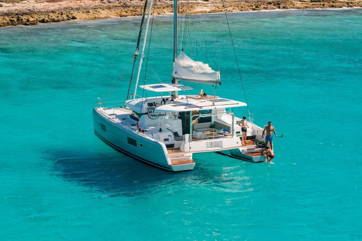 Exterior view of Lucrezia, a Lagoon 42 catamaran at Olbia, Italy