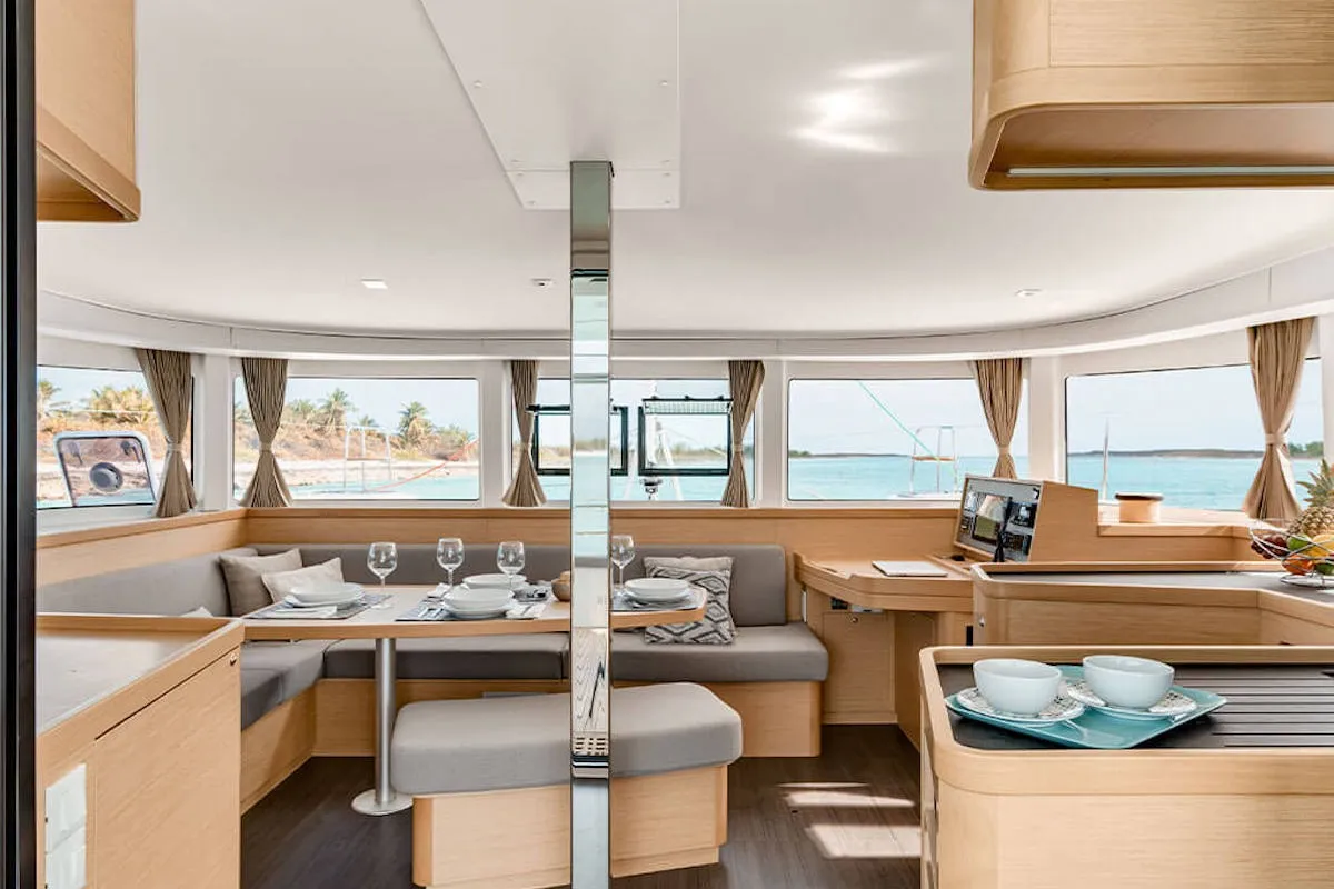 Salon of Lucrezia, a Lagoon 42 catamaran at Olbia, Italy