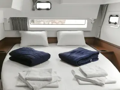 Cabin on N. M, a Lagoon 42 catamaran at Athens, Greece