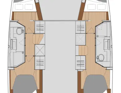 Floor plan of Seas The Day, a Fountaine Pajot Isla 40 catamaran at Central Abaco, Bahamas