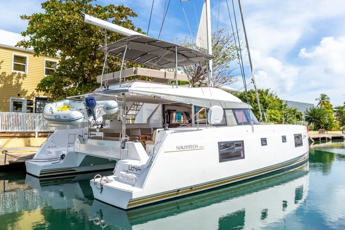 Exterior view of Luna, a Nautitech 46 Fly catamaran at Road Town, British Virgin Islands