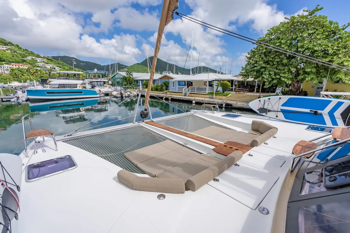 Deck of Luna, a Nautitech 46 Fly catamaran at Road Town, British Virgin Islands