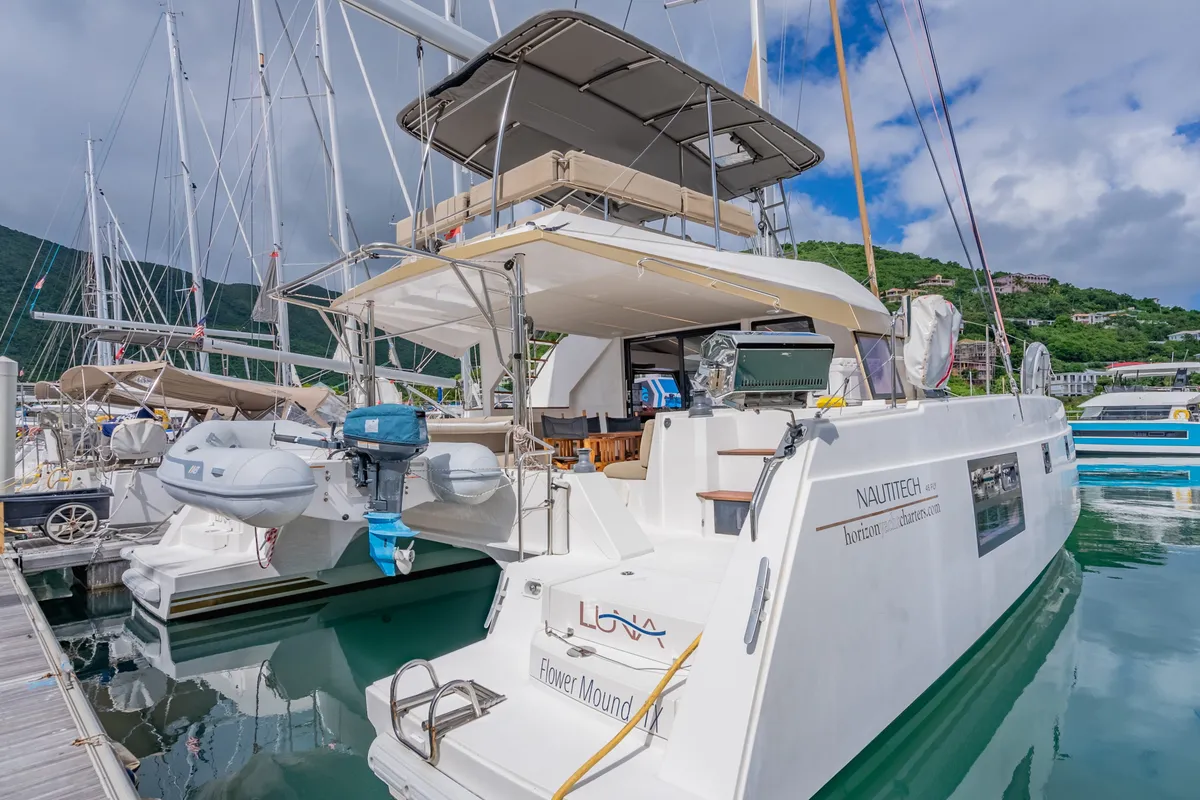 Deck of Luna, a Nautitech 46 Fly catamaran at Road Town, British Virgin Islands