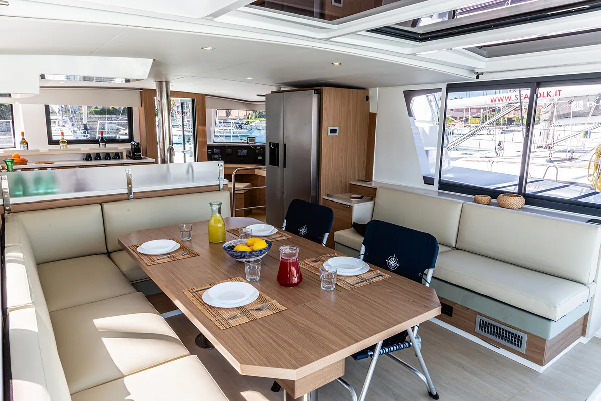 Salon of Enea, a Bali 4.6 catamaran at Tonnarella, Italy