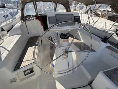 Cockpit of Sail Mira, a Jeanneau Sun Odyssey 36i sailboat at Fethiye, Turkey