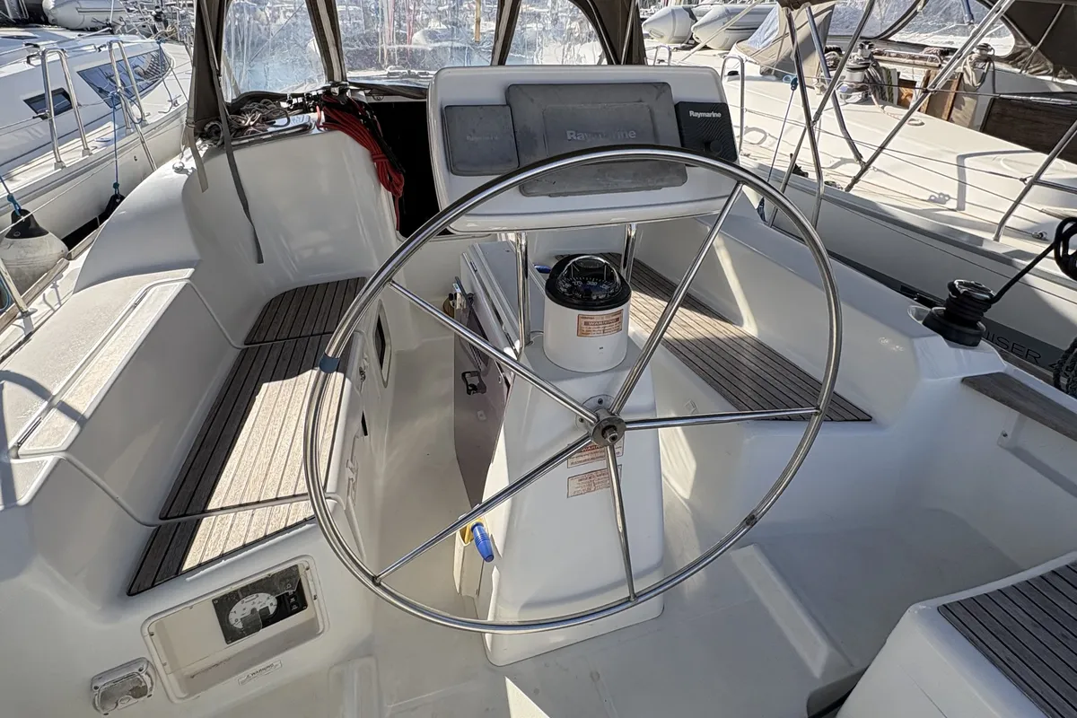 Cockpit of Sail Mira, a Jeanneau Sun Odyssey 36i sailboat at Fethiye, Turkey