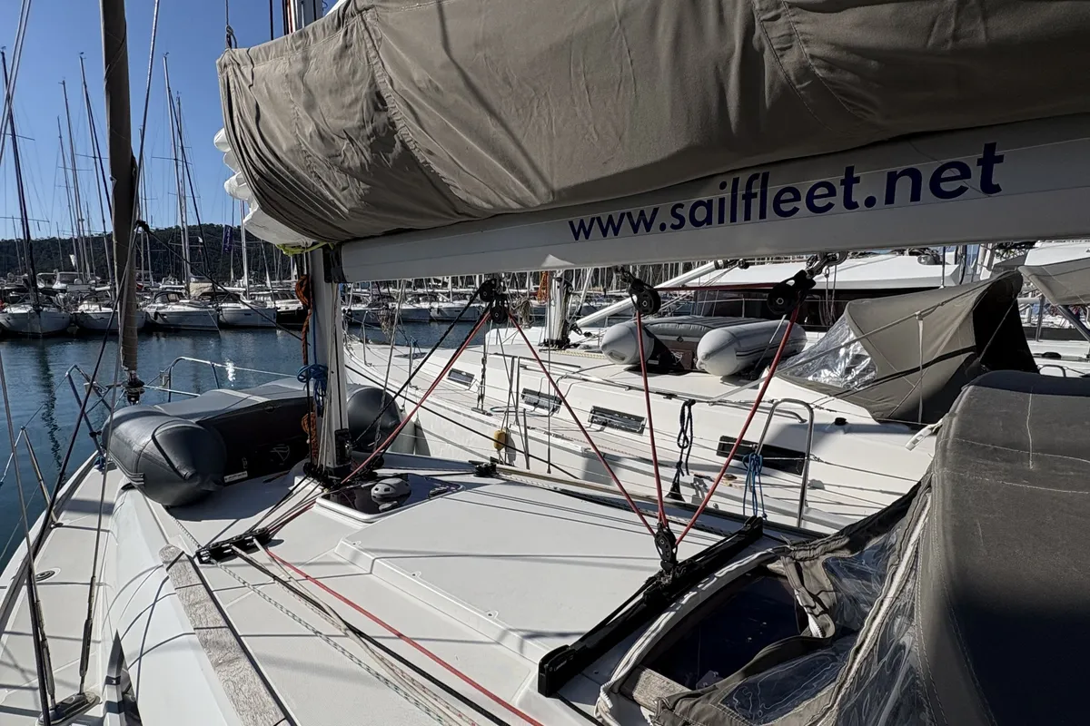 Deck of Sail Mira, a Jeanneau Sun Odyssey 36i sailboat at Fethiye, Turkey