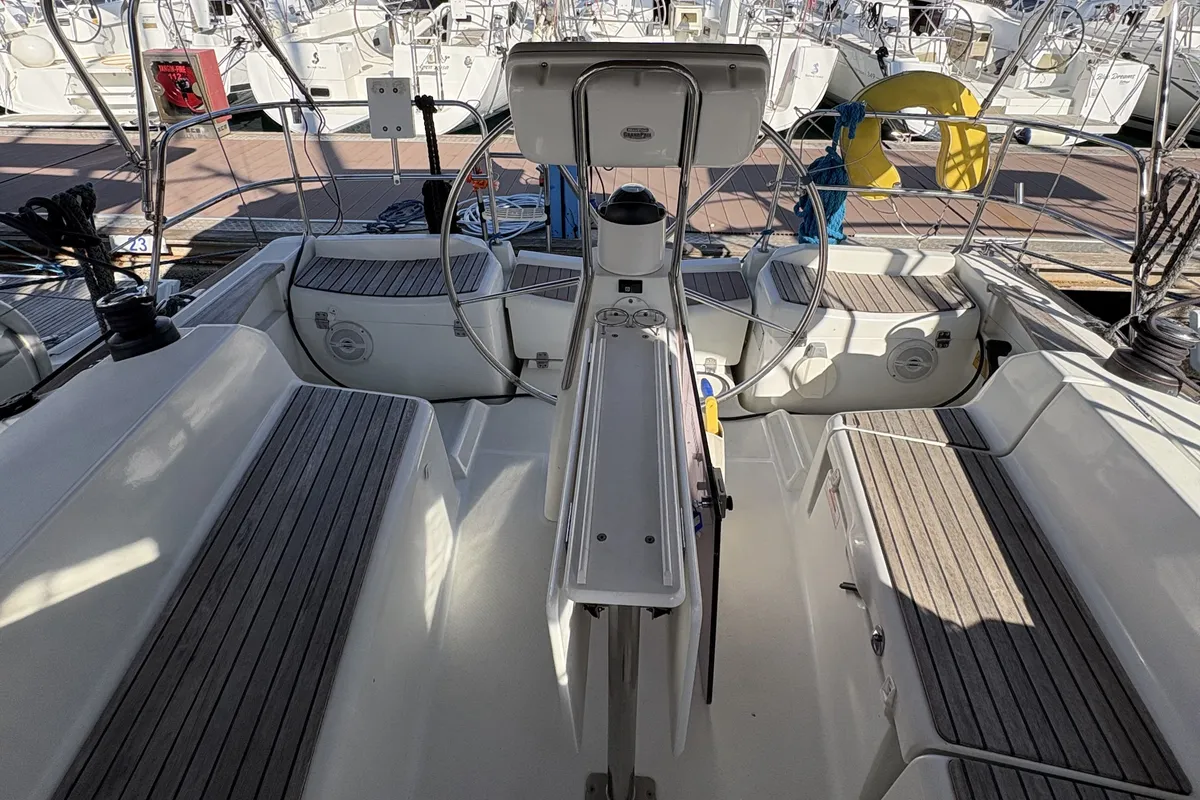 Deck of Sail Mira, a Jeanneau Sun Odyssey 36i sailboat at Fethiye, Turkey