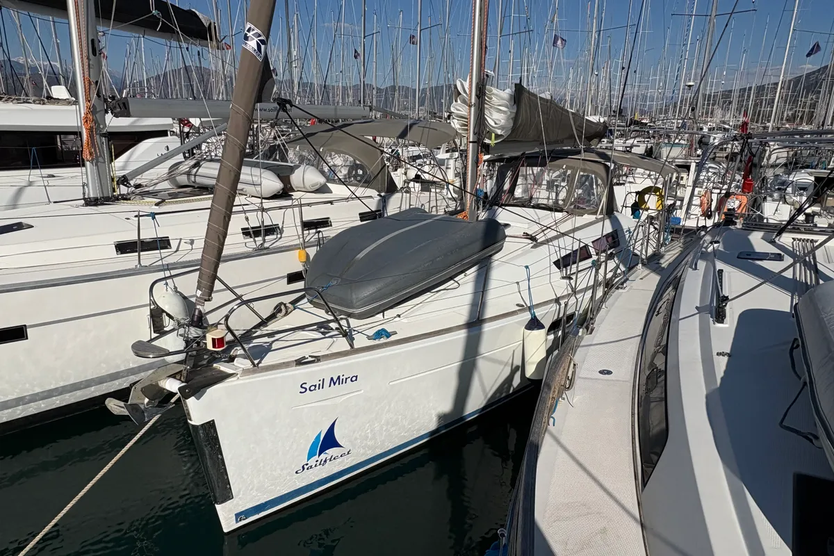 Exterior view of Sail Mira, a Jeanneau Sun Odyssey 36i sailboat at Fethiye, Turkey