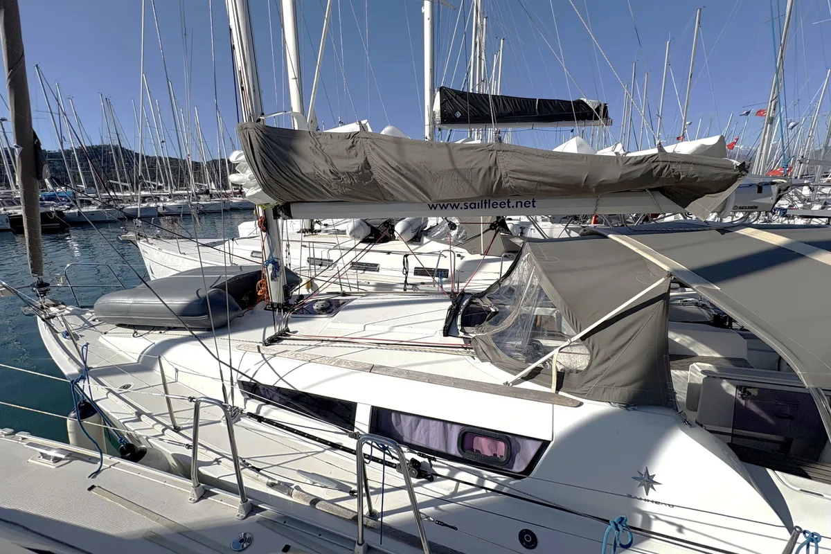 Exterior view of Sail Mira, a Jeanneau Sun Odyssey 36i sailboat at Fethiye, Turkey