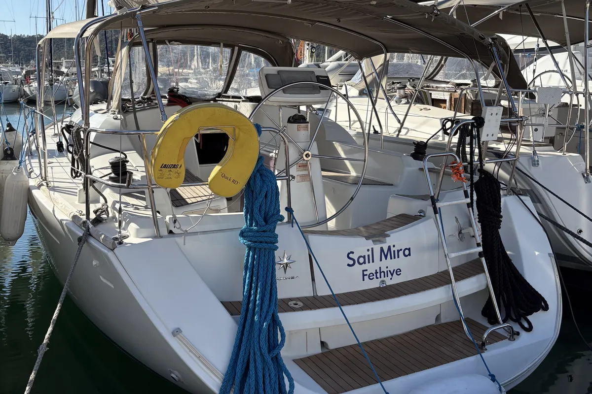 Exterior view of Sail Mira, a Jeanneau Sun Odyssey 36i sailboat at Fethiye, Turkey