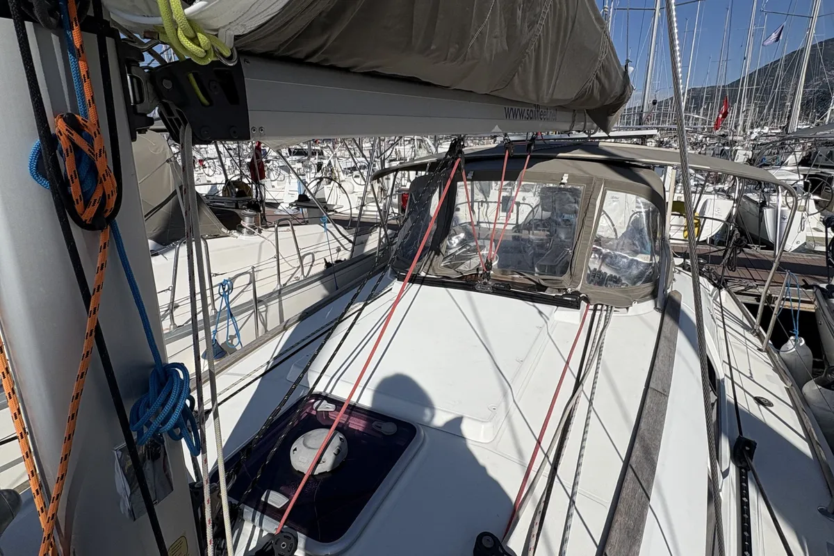 Deck of Sail Mira, a Jeanneau Sun Odyssey 36i sailboat at Fethiye, Turkey