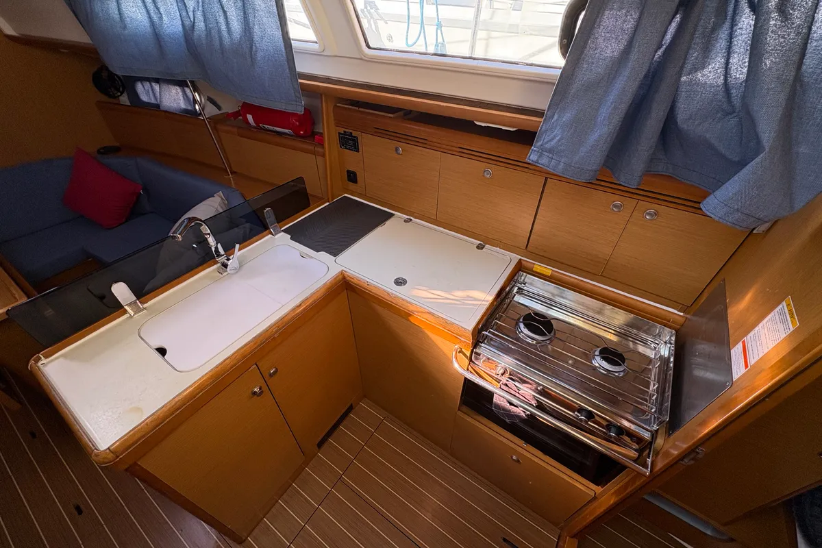 Galley of Sail Mira, a Jeanneau Sun Odyssey 36i sailboat at Fethiye, Turkey
