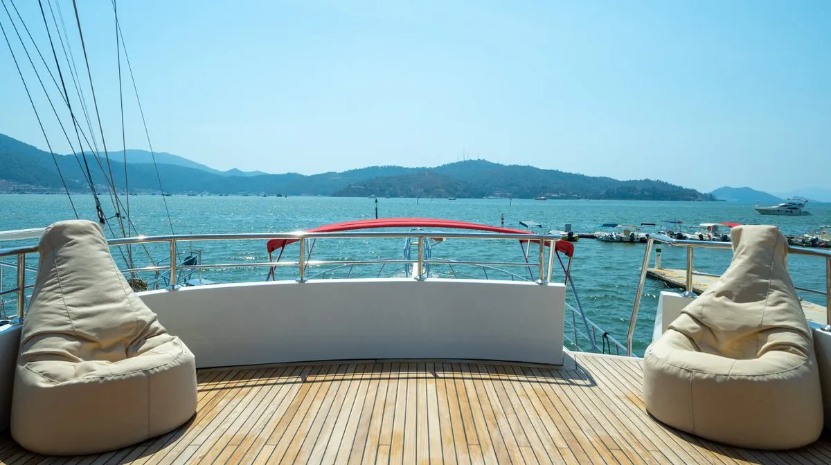 Deck of Ok Ay, a Custom Made OK AY Gulet motor yacht at Fethiye, Turkey