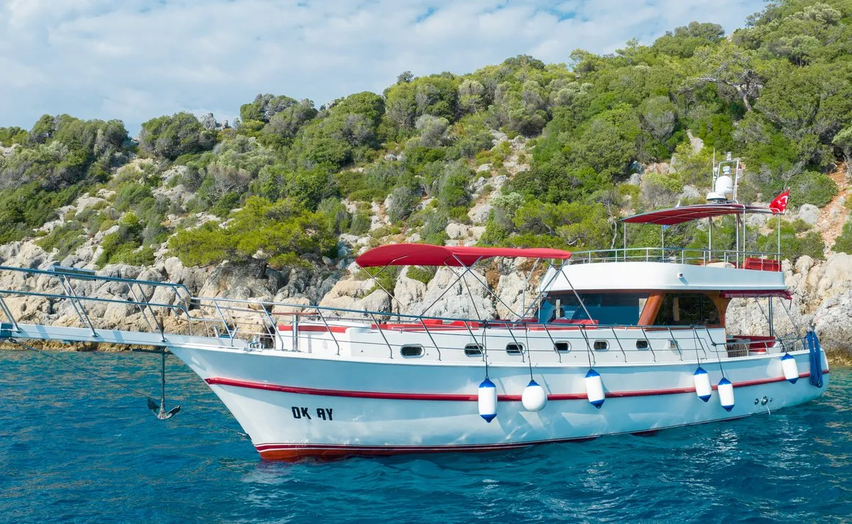 Exterior view of Ok Ay, a Custom Made OK AY Gulet motor yacht at Fethiye, Turkey
