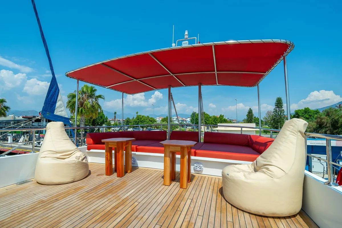 Deck of Ok Ay, a Custom Made OK AY Gulet motor yacht at Fethiye, Turkey