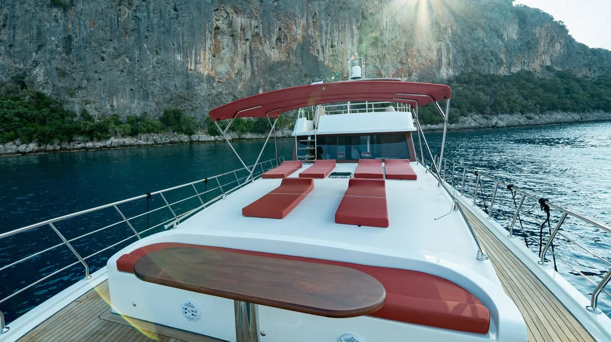 Deck of Ok Ay, a Custom Made OK AY Gulet motor yacht at Fethiye, Turkey