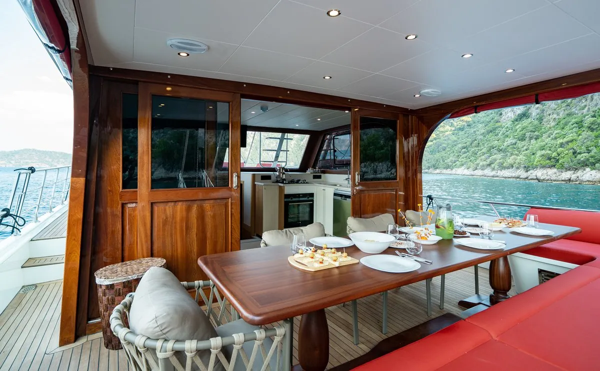 Deck of Ok Ay, a Custom Made OK AY Gulet motor yacht at Fethiye, Turkey