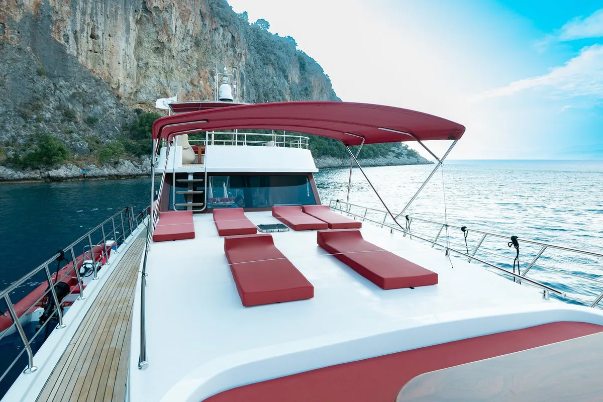 Deck of Ok Ay, a Custom Made OK AY Gulet motor yacht at Fethiye, Turkey