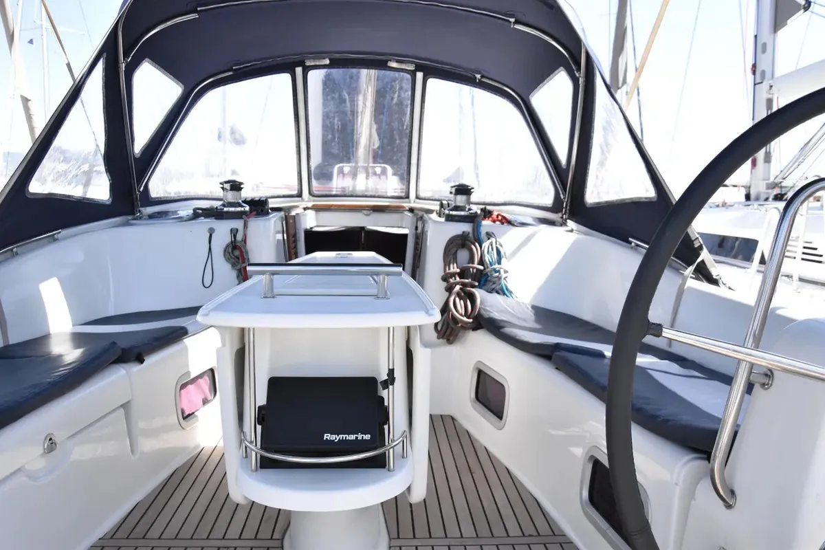 Cockpit of Fani, a Beneteau Oceanis 46 sailboat at Volos, Greece
