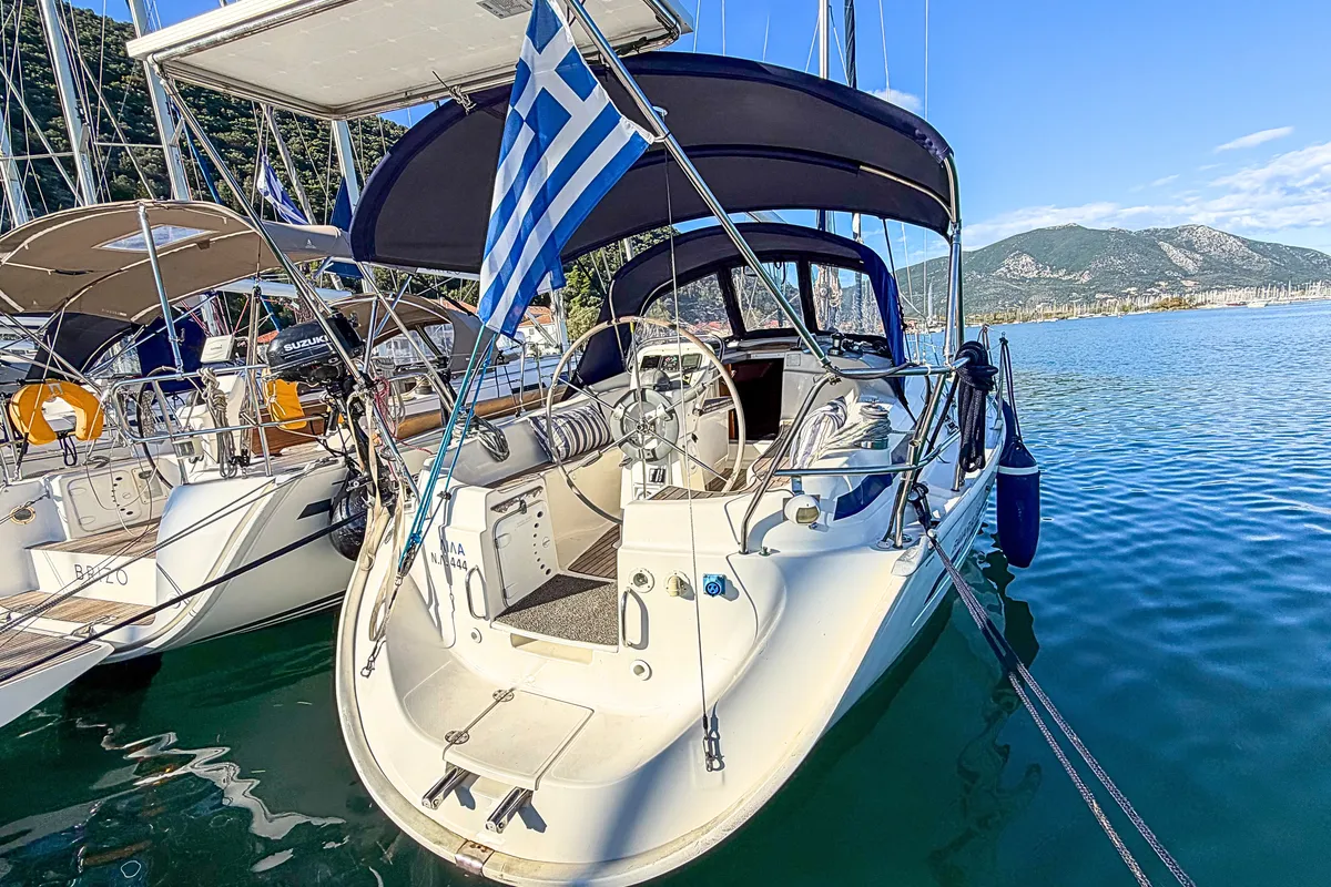 Exterior view of LILA, a Bavaria Cruiser 32 sailboat at Municipal Unit of Ellomenos, Greece