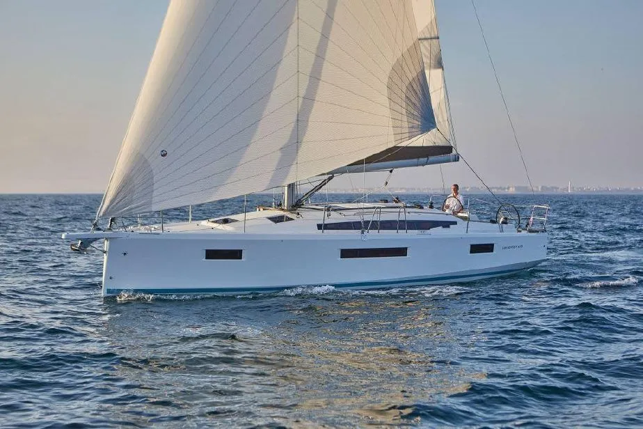 Exterior view of Tento, a Jeanneau Sun Odyssey 410 sailboat at Municipal Unit of Rhodes, Greece