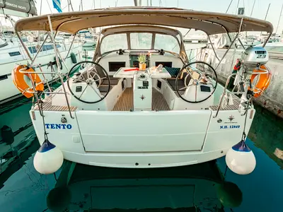 Cockpit of Tento, a Jeanneau Sun Odyssey 410 sailboat at Municipal Unit of Rhodes, Greece